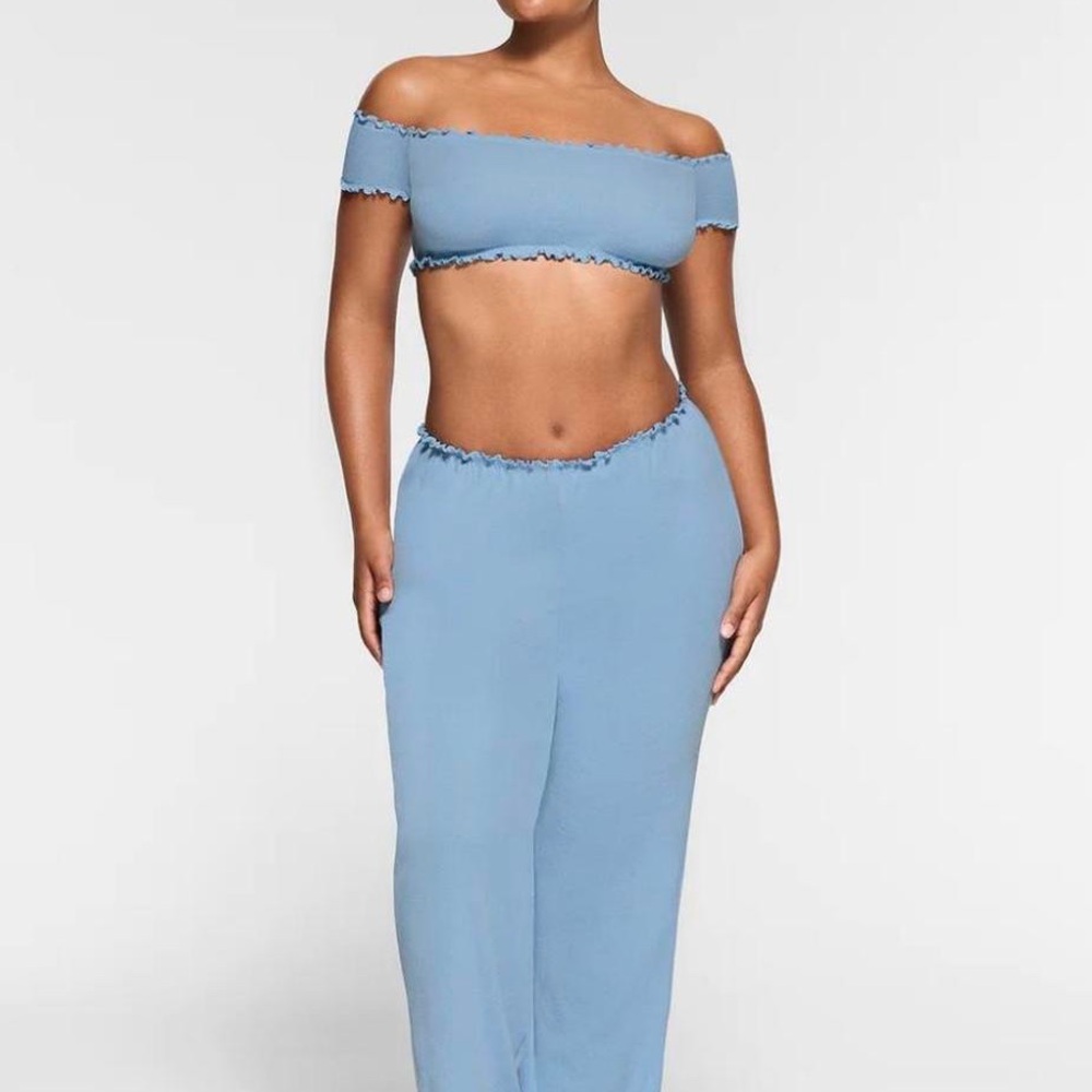 NWT SKIMS Logo Pointelle Super Cropped Top in Iris Blue Size XXS Stretches to Sm